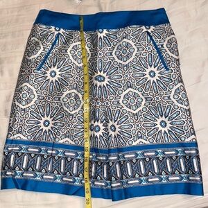 Ann Taylor petite blue white teal brown pattern skirt Greek Mediterranean Europe